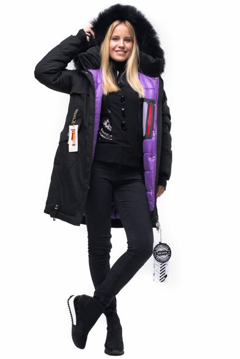 Парка-пуховик середньої довжини з опушкою з натурального хутра № 1849
