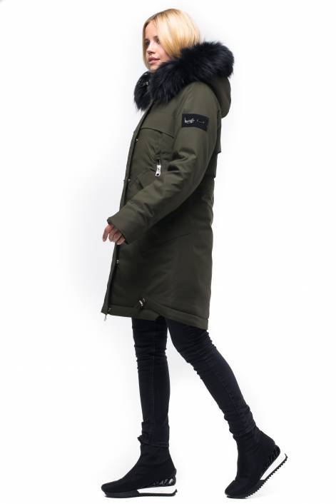 Парка-пуховик середньої довжини з опушкою з натурального хутра № 1849