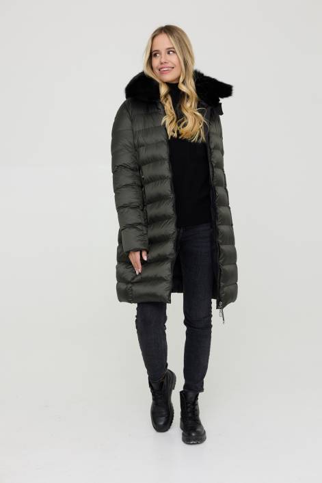 Ультрамодний пуховик довжиною вище коліна №3850 з натуральним коміром з хутра песця