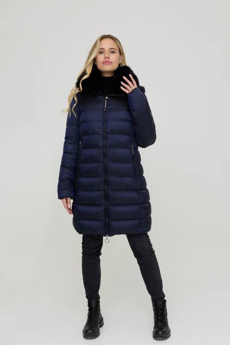 Ультрамодний пуховик довжиною вище коліна №3850 з натуральним коміром з хутра песця