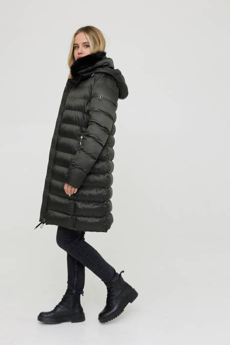 Ультрамодний пуховик довжиною вище коліна №3850 з натуральним коміром з хутра песця