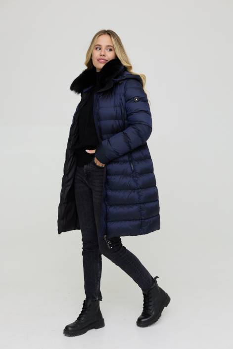 Ультрамодний пуховик довжиною вище коліна №3850 з натуральним коміром з хутра песця